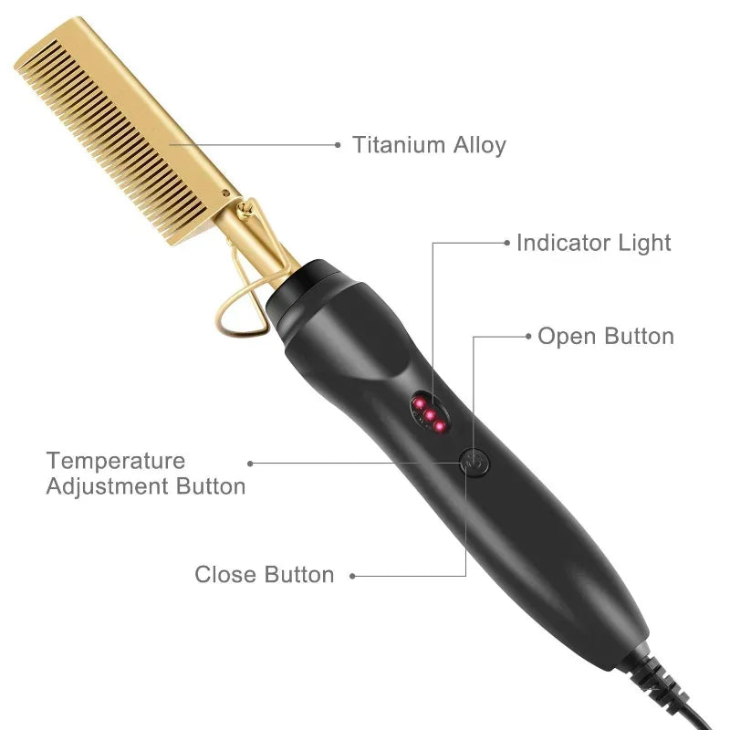 Haarglätter, elektrischer Heißkamm, Haarglätterbürste mit Keramik-Heizfläche, schnelles Aufheizen, Doppelspannung, einstellbare Temperatur für natürlich schwarzes, lockiges, krauses Haar und Bart