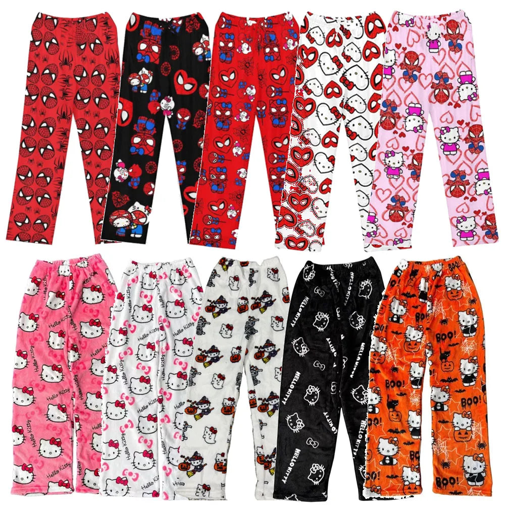 Hello Kitty Spider-man Cotton Velvet Loose Pajamas Pajamas Long Pants Women's And Men's Cartoon Sleeping Halloween Pants Gifts