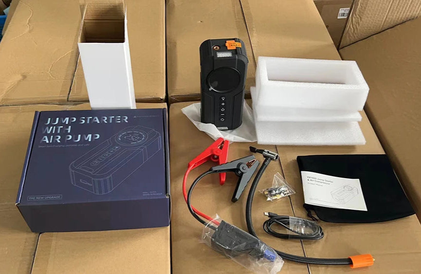 4-in-1-Auto-Starthilfegerät – Powerbank, Luftpumpe & LED-Taschenlampe