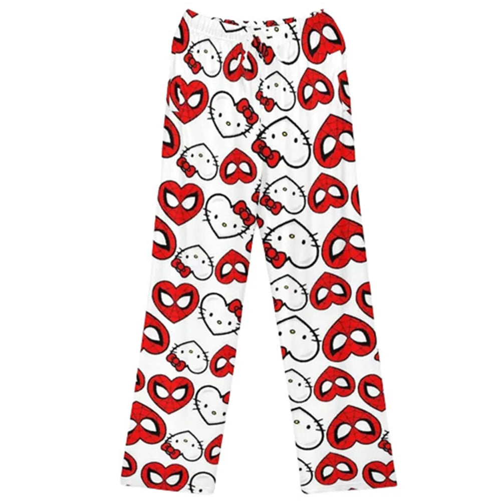 Hello Kitty Spider-man Cotton Velvet Loose Pajamas Pajamas Long Pants Women's And Men's Cartoon Sleeping Halloween Pants Gifts