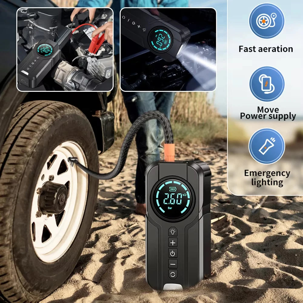 4-in-1-Auto-Starthilfegerät – Powerbank, Luftpumpe & LED-Taschenlampe