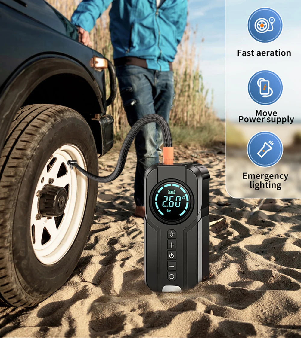 4-in-1-Auto-Starthilfegerät – Powerbank, Luftpumpe & LED-Taschenlampe