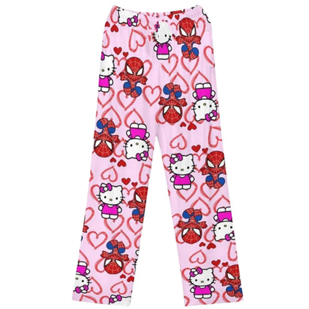 Hello Kitty Spider-man Cotton Velvet Loose Pajamas Pajamas Long Pants Women's And Men's Cartoon Sleeping Halloween Pants Gifts