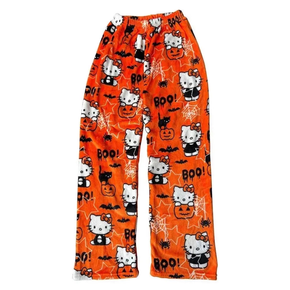 Hello Kitty Spider-man Cotton Velvet Loose Pajamas Pajamas Long Pants Women's And Men's Cartoon Sleeping Halloween Pants Gifts