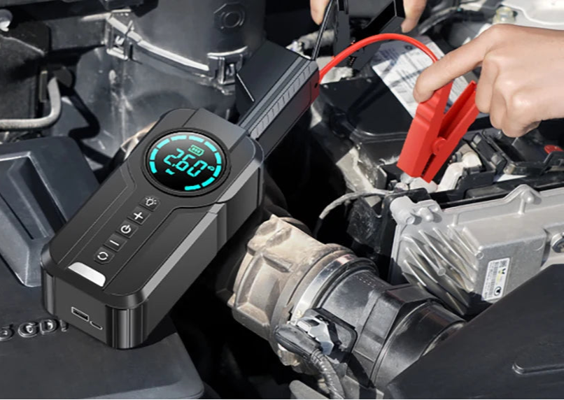 4-in-1-Auto-Starthilfegerät – Powerbank, Luftpumpe & LED-Taschenlampe