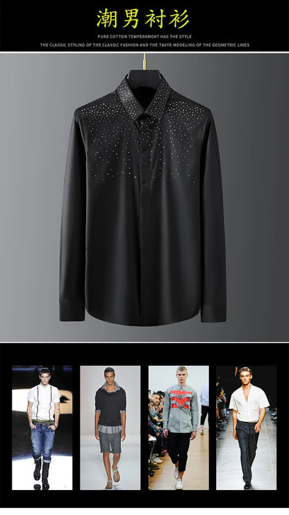 Tschechisches Strass-Shirt für Herren, langärmelig, schmal, lässig, Unterhemd, Nachtclub-Kleidung, Party-Kleidung, Bühnensängerin, Chemise Homme