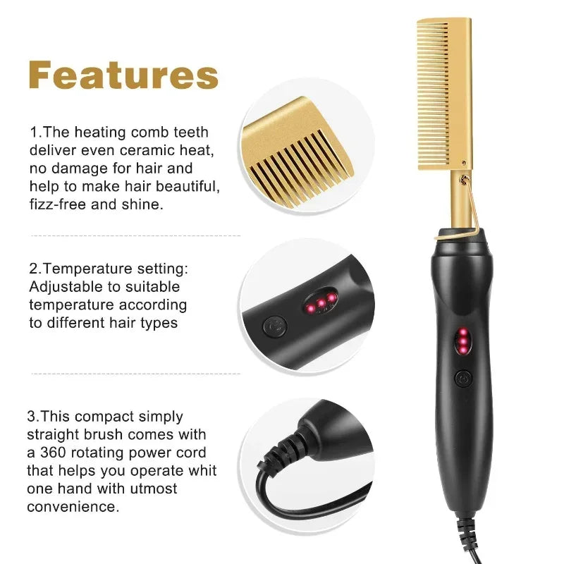 Hair Straightener, Electric Hot Comb Hair Straightener Brush with Ceramic Heater Surface, Fast Heating, Dual Voltage, Adjustable Temperature for Natural Black, Curly, Frizzy Hair & Beard