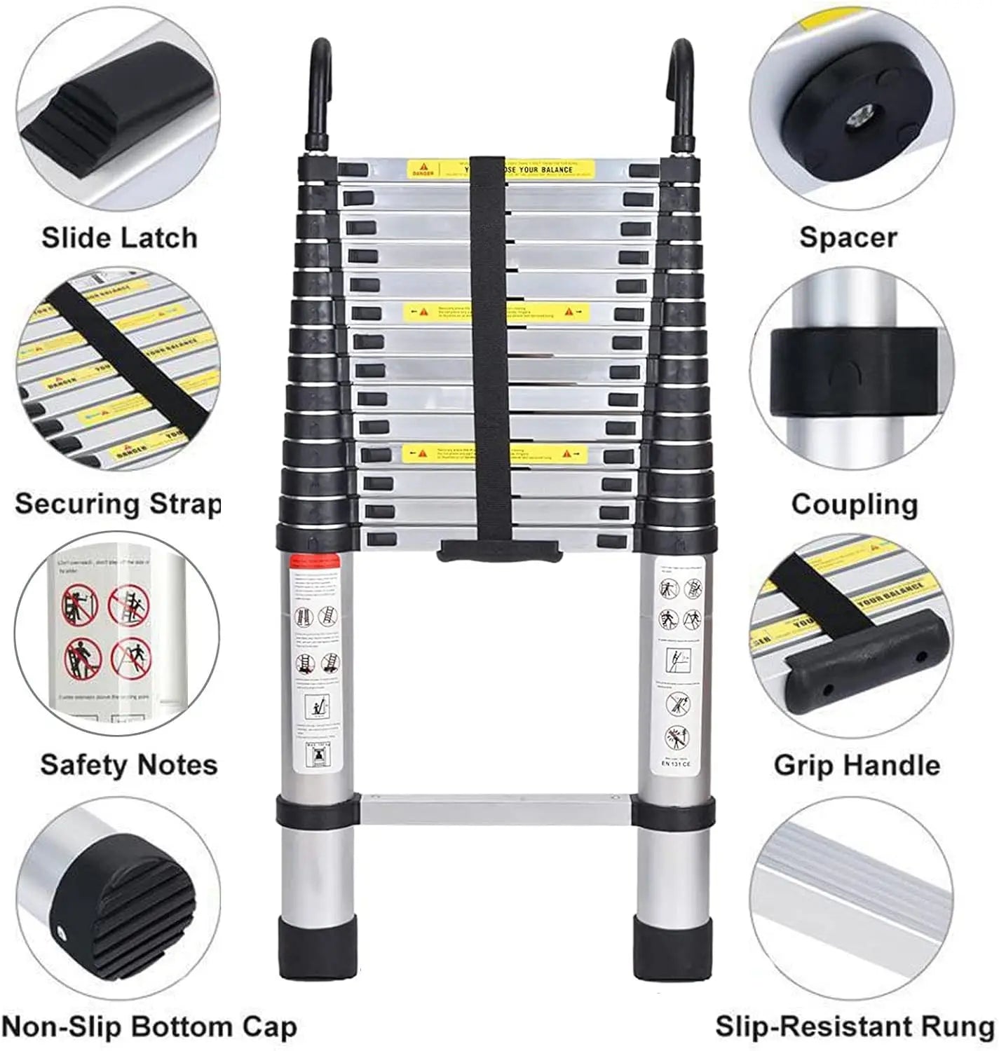 DayPlus 5M Telescopic Ladder with hooks,16.5FT Multi-Purpose Folding Aluminium Foldable Ladder Extension Loft Ladder,330lb EN131