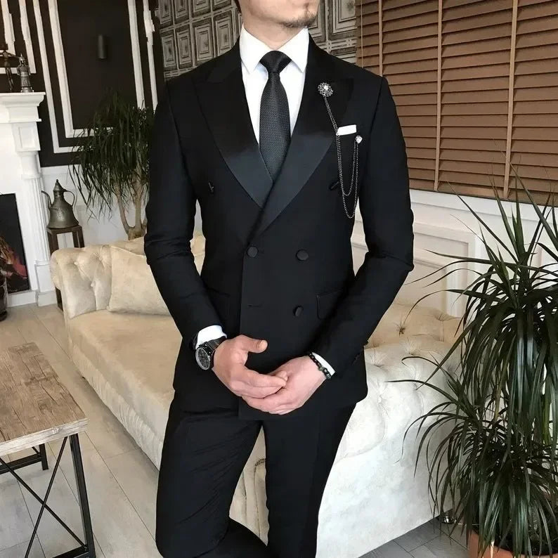 2 Pieces Jacket+Pants Black Suits for Men Peaked Lapel Double Breasted Bespoke Blazer Wedding Groom Tuxedos Prom Costume Homme