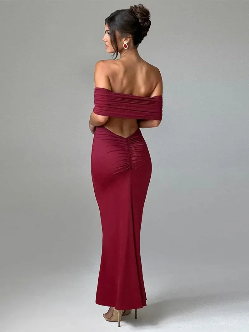 Elegant Slash Neck Backless Folds Solid Evening Dress 2024 Autumn Sexy Sleeveless Backless Bodycon White Party Long Dresses