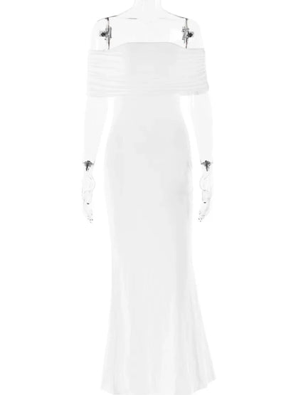 Elegant Slash Neck Backless Folds Solid Evening Dress 2024 Autumn Sexy Sleeveless Backless Bodycon White Party Long Dresses