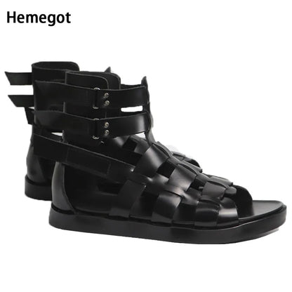 Echtes Leder High-Top Römersandalen für Männer Modische britische Rindsleder All-Match atmungsaktive Strandschuhe für Männer