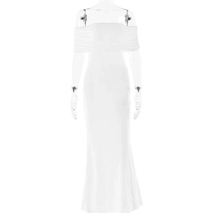 Elegant Slash Neck Backless Folds Solid Evening Dress 2024 Autumn Sexy Sleeveless Backless Bodycon White Party Long Dresses