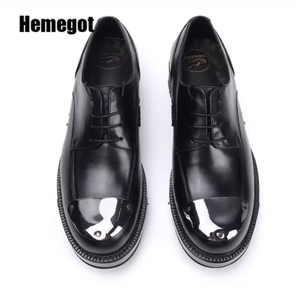 Formelle schwarze Lederschuhe für Herren, Metalldesign, Eisenkopf, Derby, Erhöhung, Geschäft, weißes Rindsleder, hochwertige Schnürschuhe für Herren