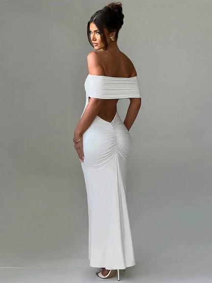 Elegant Slash Neck Backless Folds Solid Evening Dress 2024 Autumn Sexy Sleeveless Backless Bodycon White Party Long Dresses