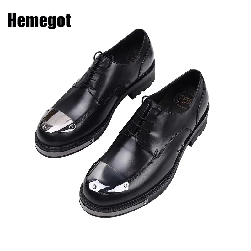 Formelle schwarze Lederschuhe für Herren, Metalldesign, Eisenkopf, Derby, Erhöhung, Geschäft, weißes Rindsleder, hochwertige Schnürschuhe für Herren