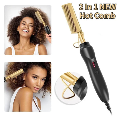 Hair Straightener, Electric Hot Comb Hair Straightener Brush with Ceramic Heater Surface, Fast Heating, Dual Voltage, Adjustable Temperature for Natural Black, Curly, Frizzy Hair & Beard